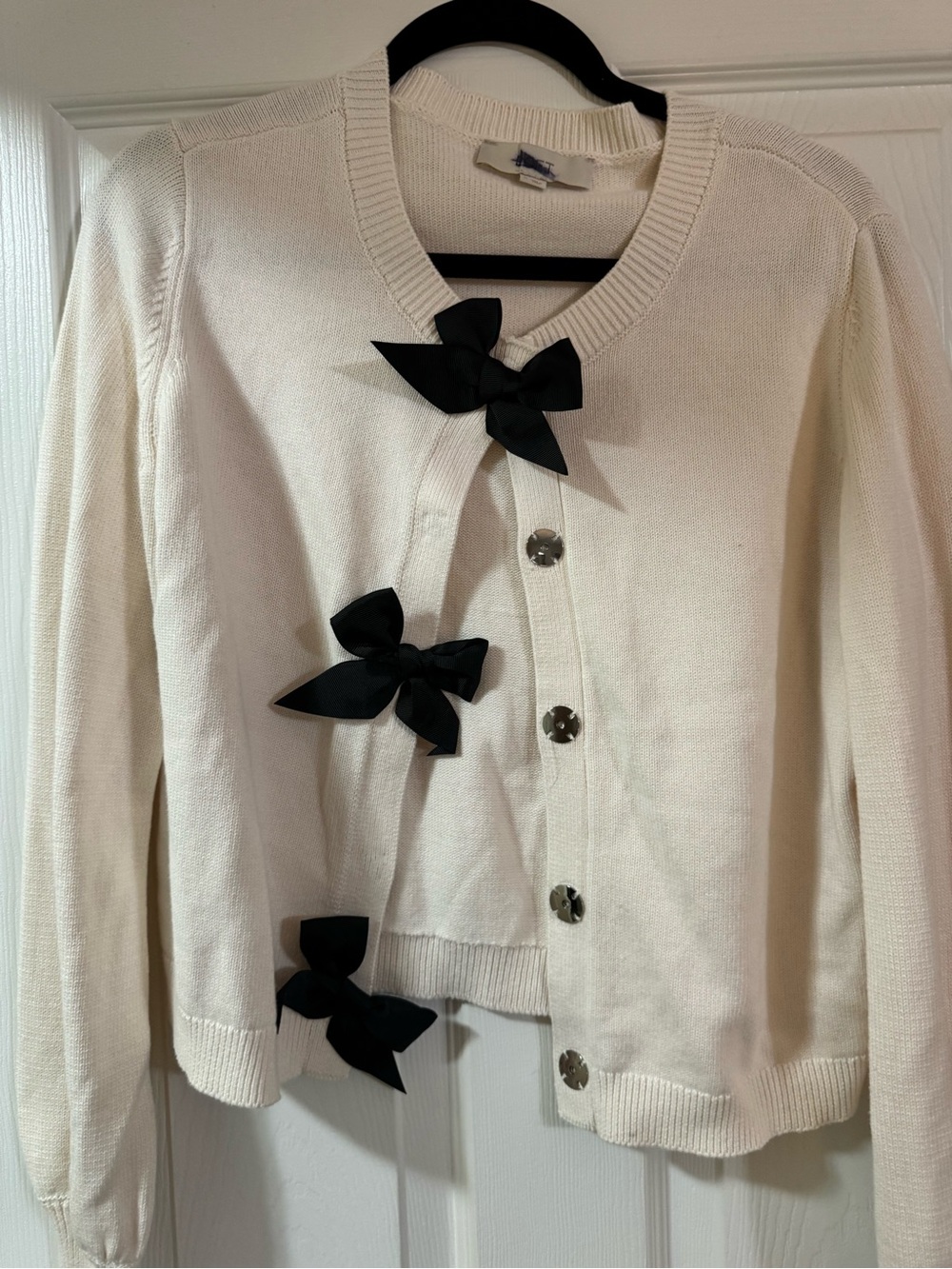 LOFT Cream Cardigan with Black Bow Accents - Picture 6 of 7